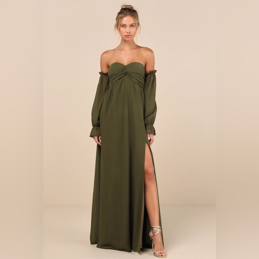 Glorious Invite Olive Green Knotted Off-the-Shoulder Maxi Dress